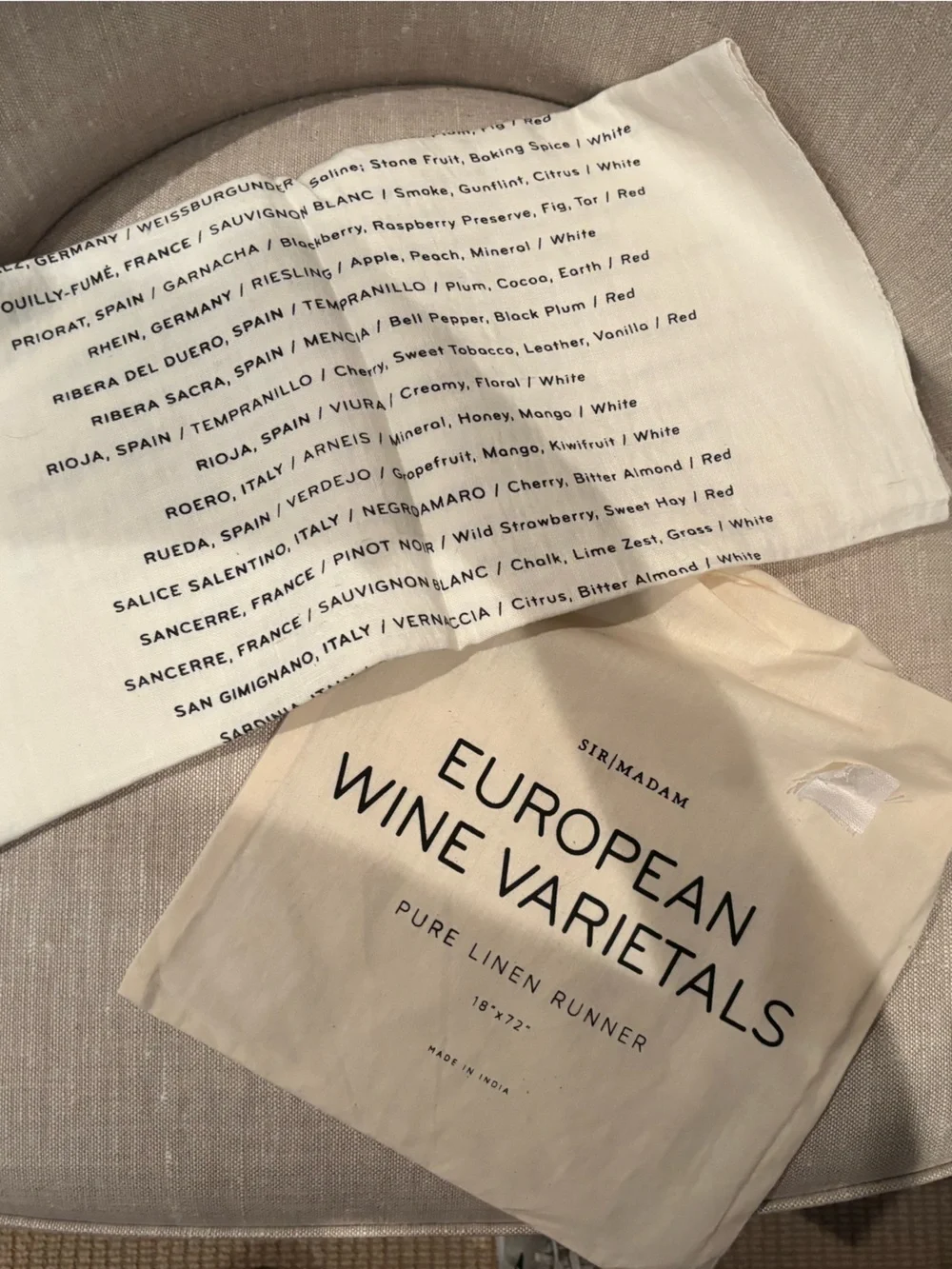 European Wine Varietals Pure Linen white table runner